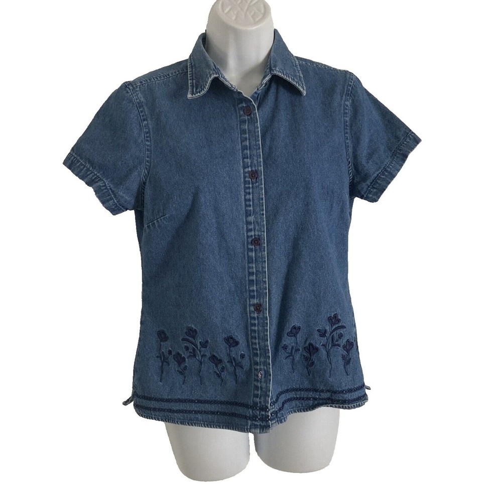 Basic Editions Shirt Womens Small Blue Denim Embroidered Short Sleeve Blouse Y2K - Picture 2 of 10
